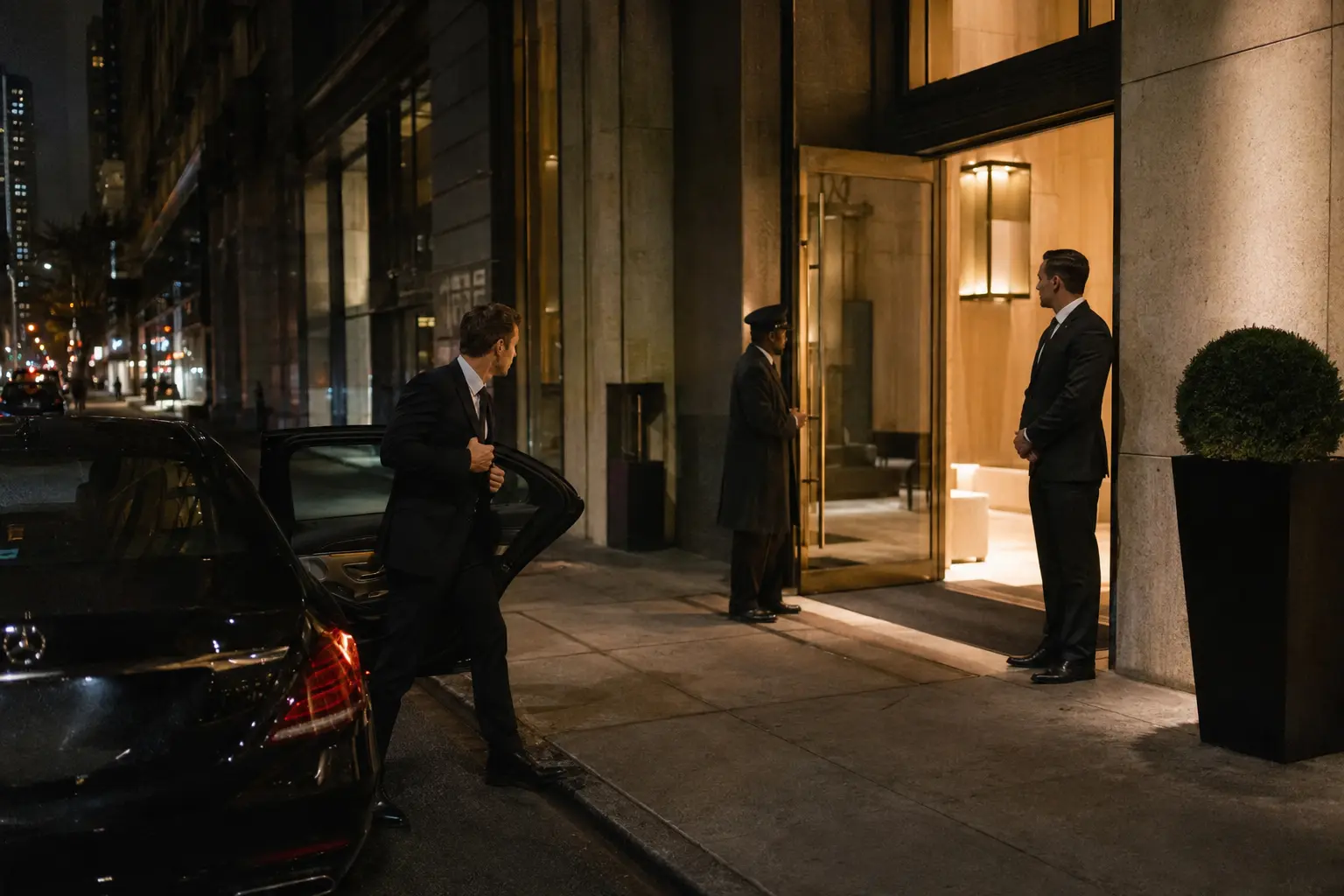 Discreet executive protection team coordinating an arrival at a Manhattan property
