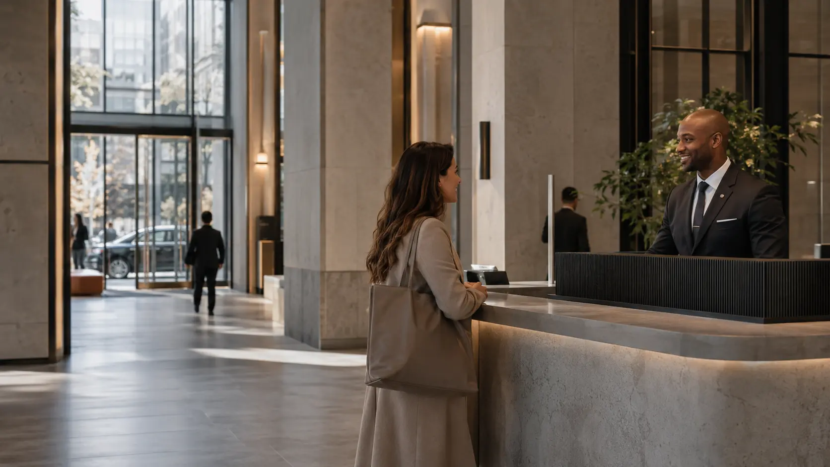 A concierge security professional welcoming a visitor in a premium lobby