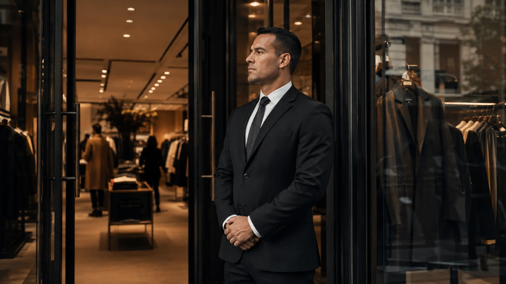 A suited security officer at a boutique entrance, with clothing displays and customers inside