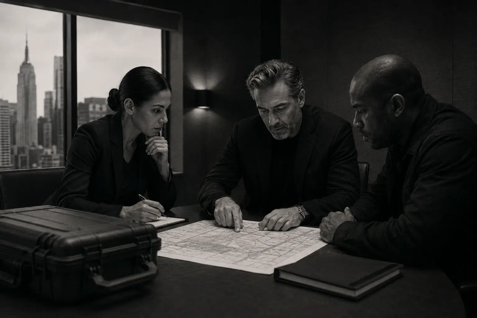 Security professionals reviewing an assignment plan before deployment
